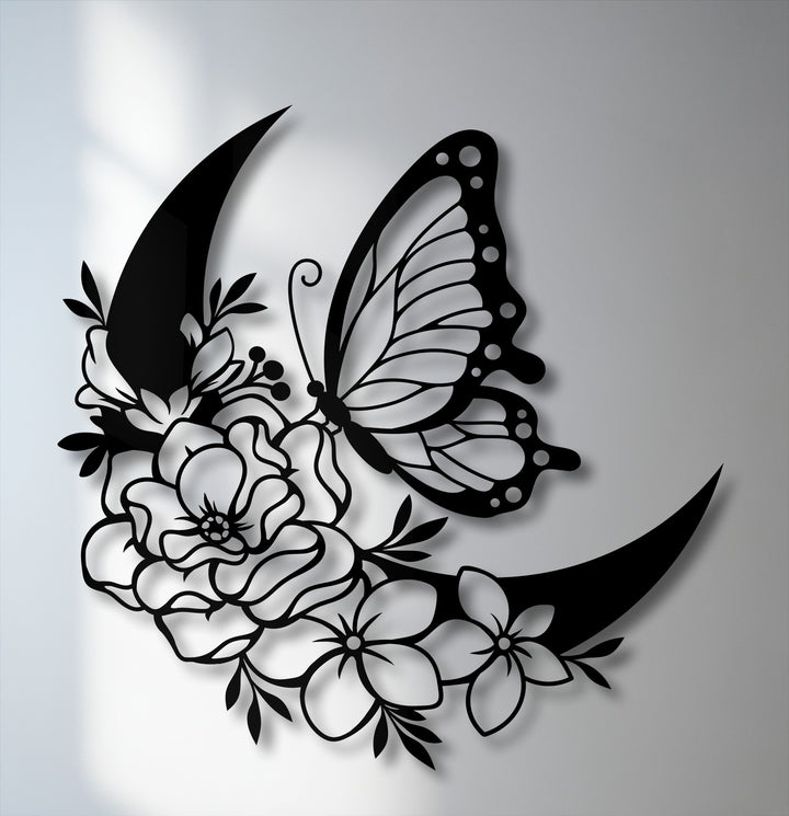 The stark monochromatic color saturation beautifully emphasizes the bold silhouette of the butterfly and floral crescent metal decoration wall art.