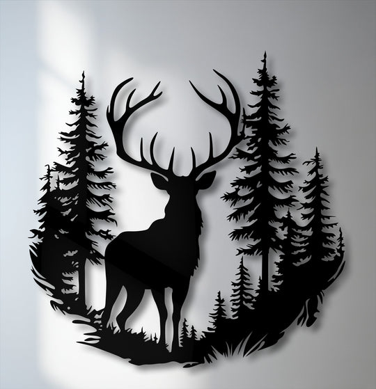 The light grey, neutral-toned wall with subtle shadows offers a clean background, perfectly accentuating the decorative metal art of a deer and forest.