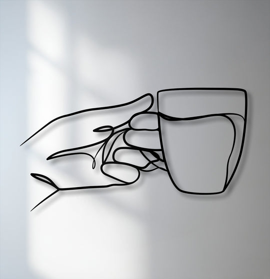 The crisp, bold black edges of the minimalist line art metal decoration wall art define a hand gracefully holding a cup.