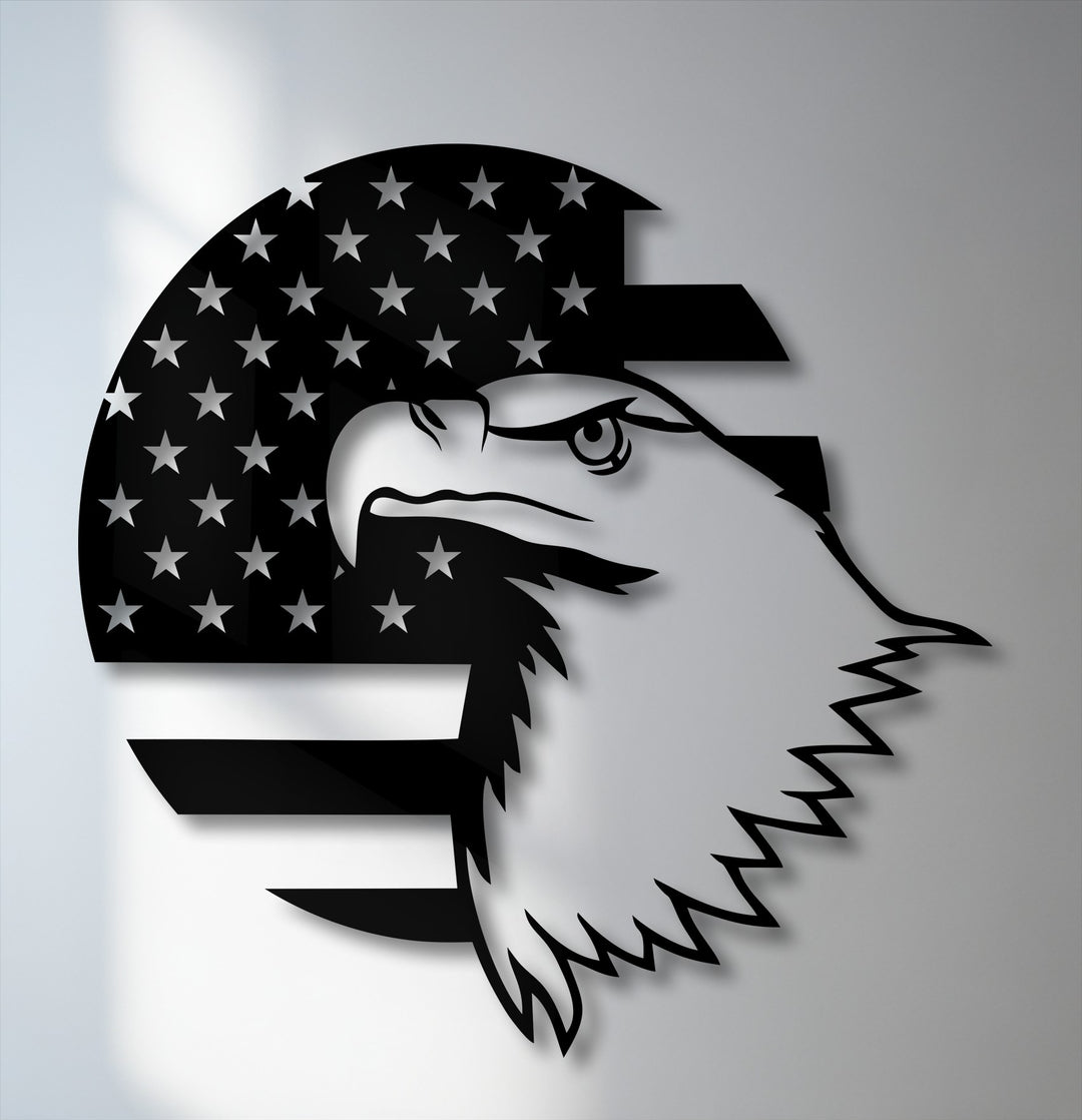 The gentle, soft lighting subtly illuminates the intricate American eagle metal artwork, casting a delicate shadow on the light gray surface.