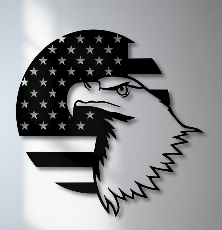 The gentle, soft lighting subtly illuminates the intricate American eagle metal artwork, casting a delicate shadow on the light gray surface.
