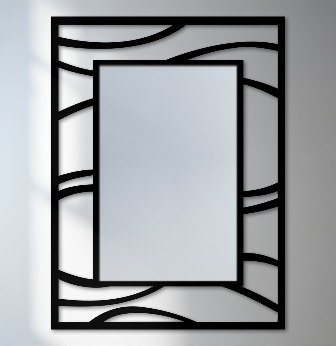 Geometric abstract wave frame metal wall mirror showcasing flowing lines and sharp rectangular forms, a captivating piece of metal art for wall.