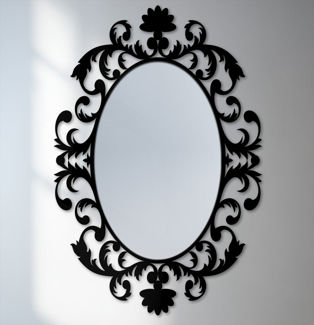 Visual rhythm emanates from this framed wall mirror, as the baroque scrollwork flows in an oval pattern around the looking glass surface.