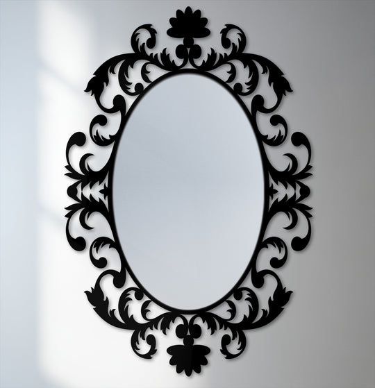 Visual rhythm emanates from this framed wall mirror, as the baroque scrollwork flows in an oval pattern around the looking glass surface.
