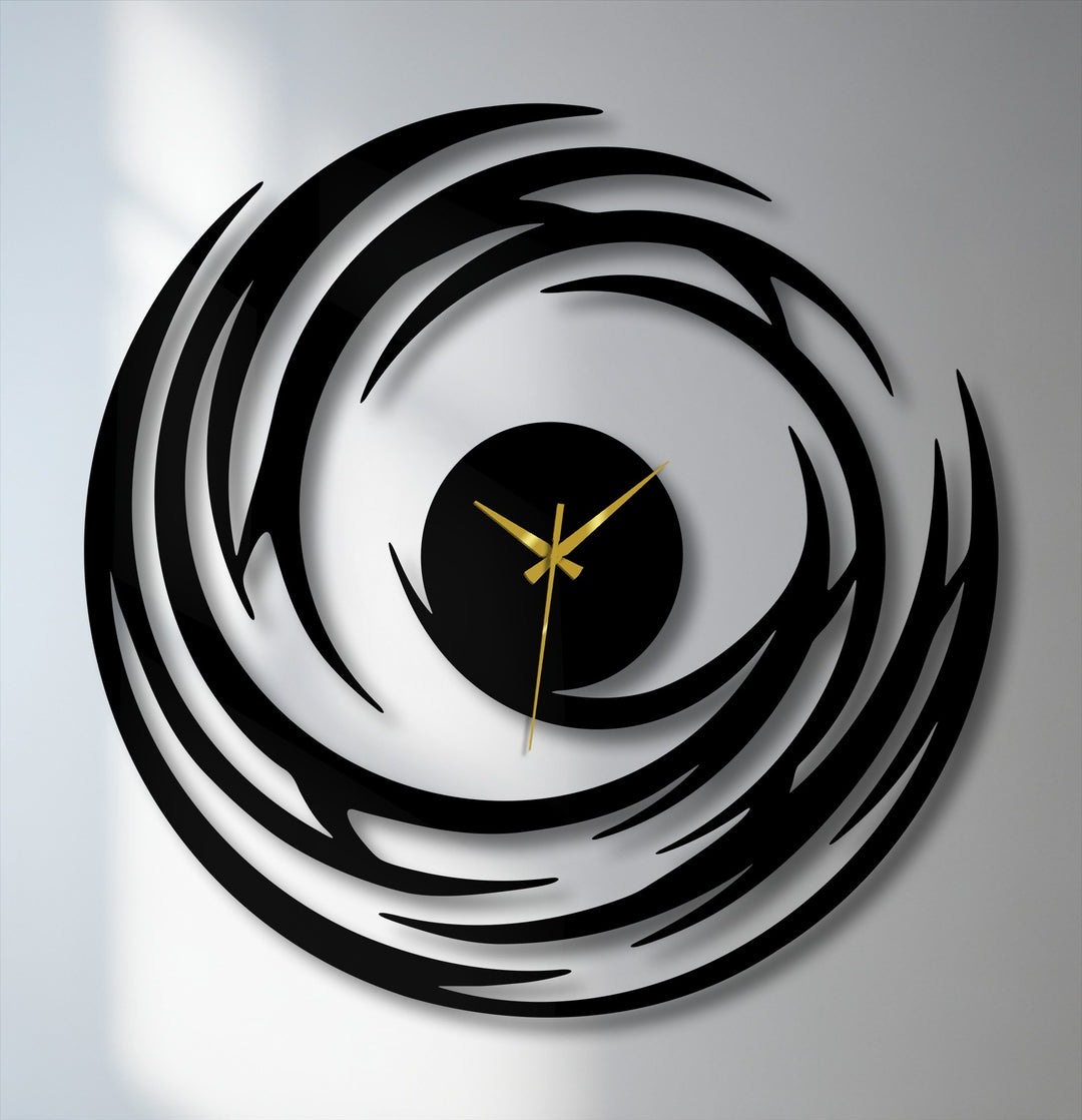 Displaying the realistic detail, the abstract spiral metal artwork wall clock features a modern swirl design, with intricate gold hands, creating a captivating visual effect.