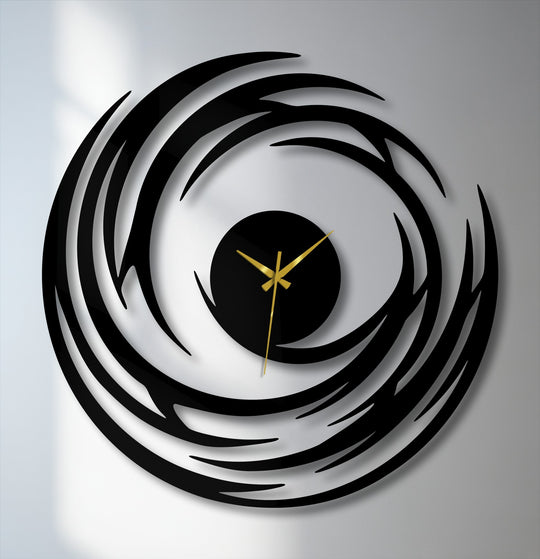 Displaying the realistic detail, the abstract spiral metal artwork wall clock features a modern swirl design, with intricate gold hands, creating a captivating visual effect.