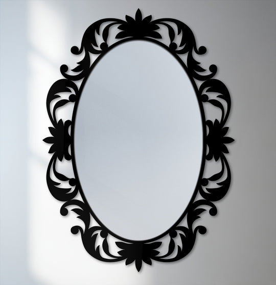 Monochromatic color saturation defines the Victorian Grace floral oval floor modern mirror with a bold black frame, showcasing a reflection of soft gradations.