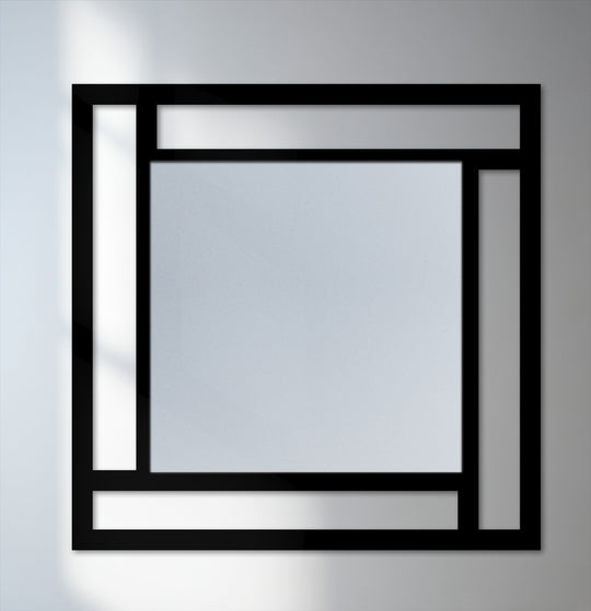 The darkest area of this framed geometry square mirror highlights the modern metal wall decor of the minimalist frame.