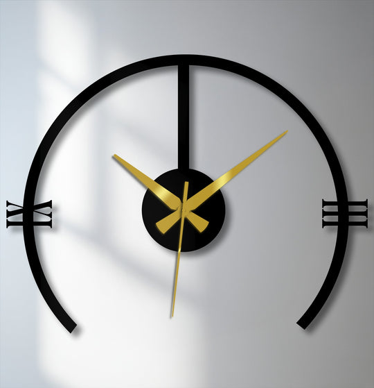 With warm golden tones, this modern arch metal wall clock creates a striking high-contrast look, a minimalist decorative metal art piece.