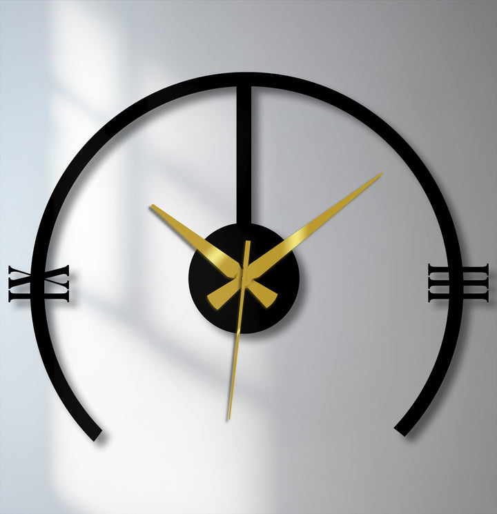 With warm golden tones, this modern arch metal wall clock creates a striking high-contrast look, a minimalist decorative metal art piece.