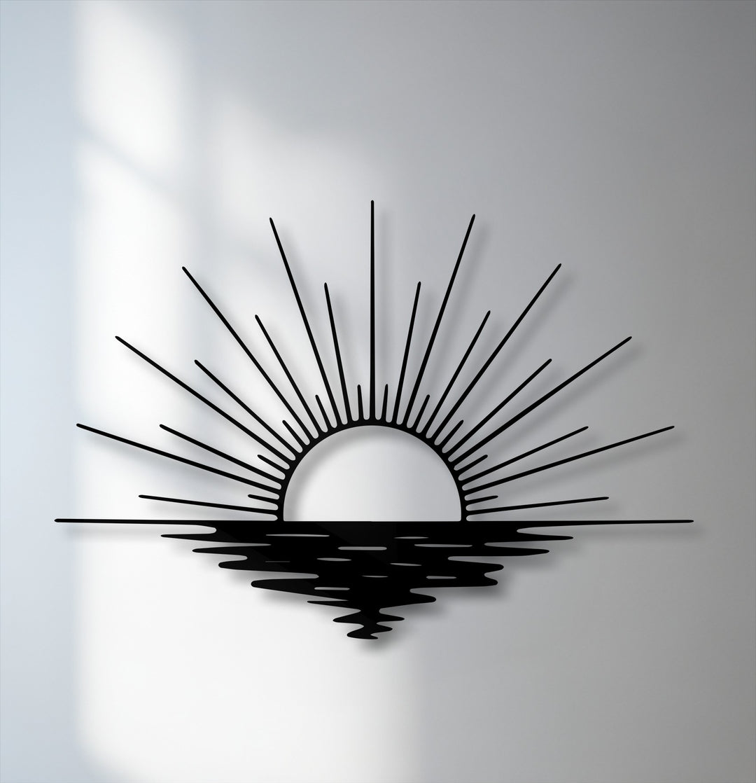 The dramatic transition between the dark metal wall decor and the bright wall is accentuated by graduated shadows, forming a radiant sun and ocean scene.