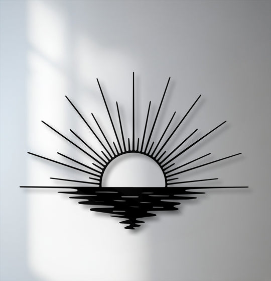 The dramatic transition between the dark metal wall decor and the bright wall is accentuated by graduated shadows, forming a radiant sun and ocean scene.