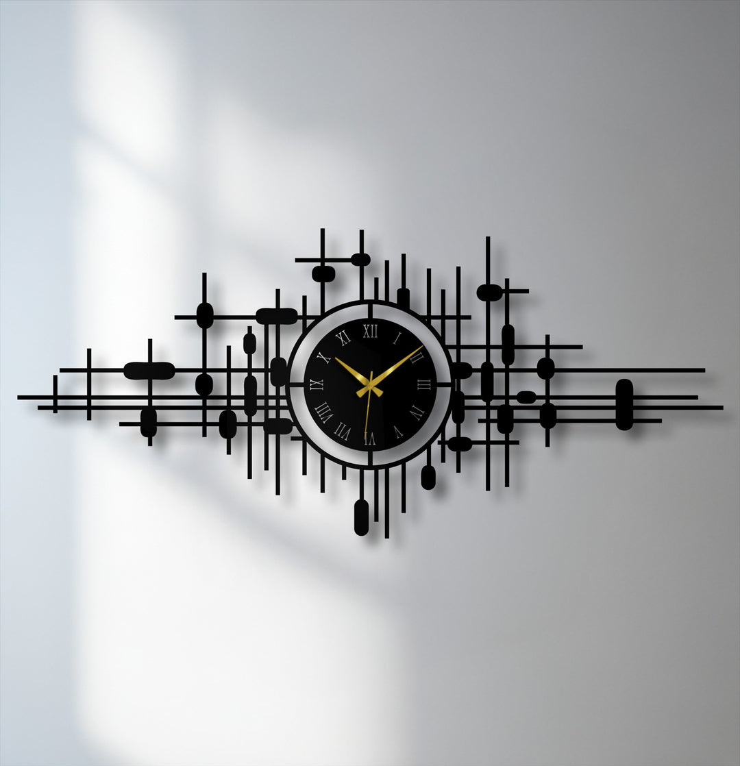 Highlighting the abstract quality, this modern wall clock features a geometric grid design that gives a unique metal wall decor element to any contemporary space.