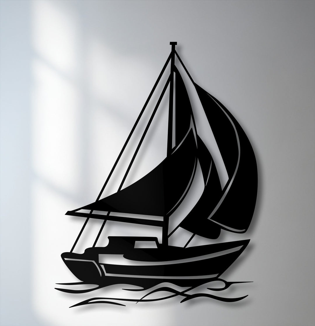 A striking black silhouette of a sailing boat with unfurled sails, depicted as elegant metal wall decor, gracefully rides stylized waves.