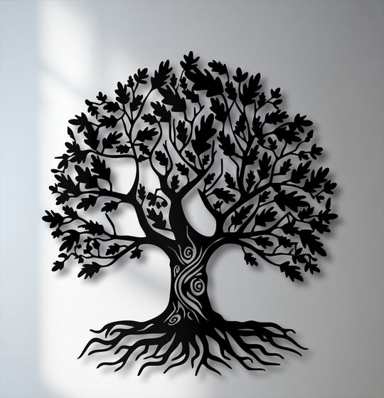 The unique metal wall art's loudest element is the ornate Tree of Life silhouette, with intricate branches and roots.