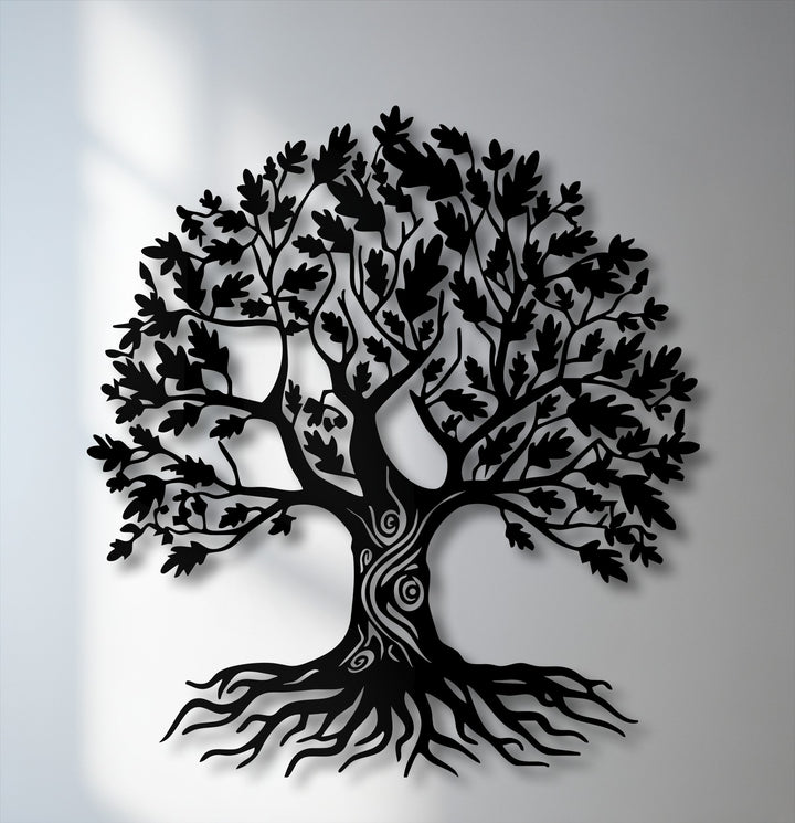 The unique metal wall art's loudest element is the ornate Tree of Life silhouette, with intricate branches and roots.
