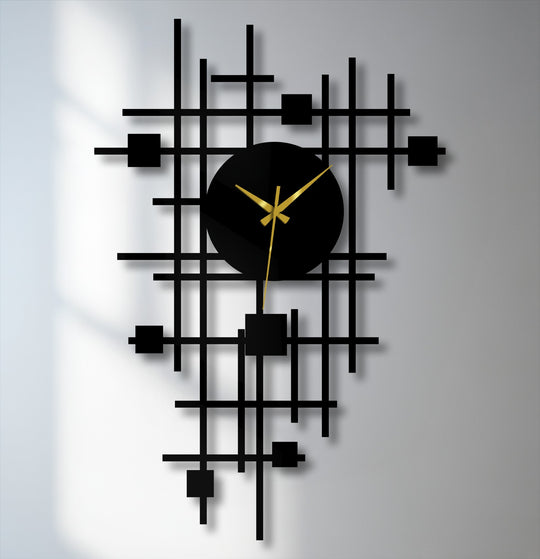 Geometric abstract grid details on this decorative metal art wall clock features a striking arrangement of intersecting lines and squares with a central clock face.