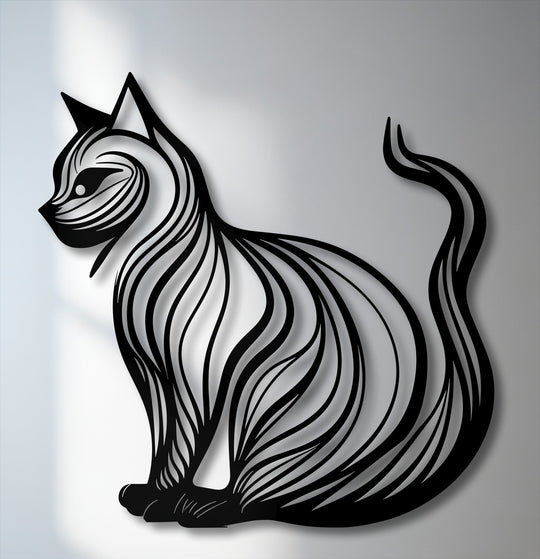 The striking negative space defines this modern minimalist cat silhouette metal artwork, artfully shaped by intricate swirling black lines.