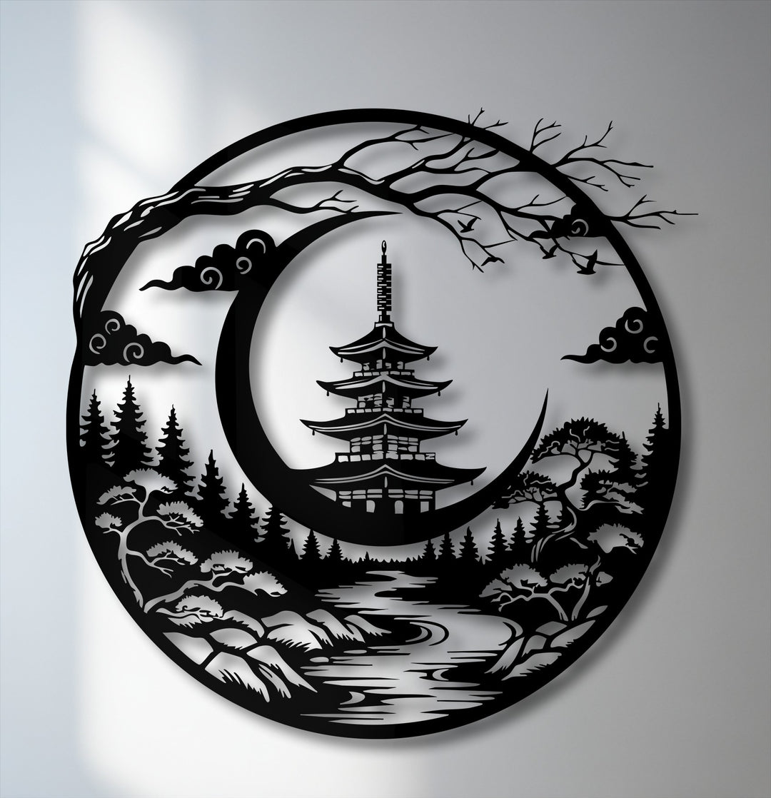 The serene stillness of this Japanese pagoda metal art for wall, depicting a tranquil crescent moon landscape, evokes profound calm.