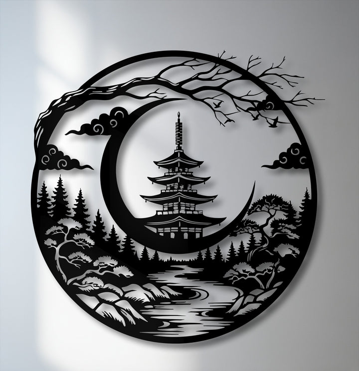The serene stillness of this Japanese pagoda metal art for wall, depicting a tranquil crescent moon landscape, evokes profound calm.