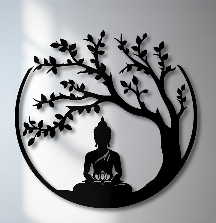 The Buddha figure, the focal point of this zen tree, offers a moment of peace in this elegant metal wall decor, set inside a spiritual circle.