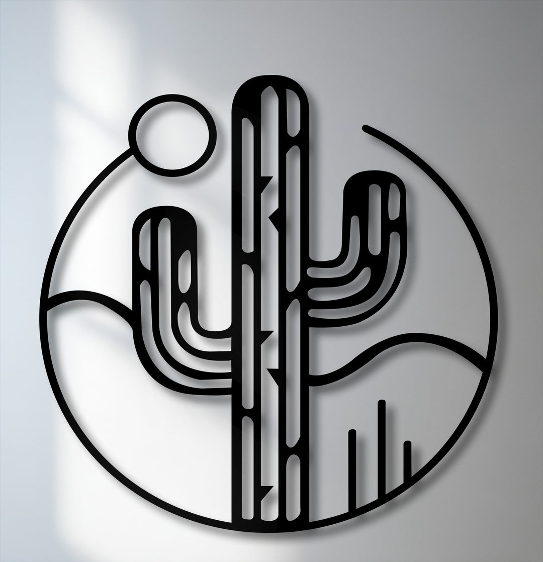 The striking, bold black outline of a minimalist desert saguaro cactus design forms a captivating piece of metal art for wall decor.