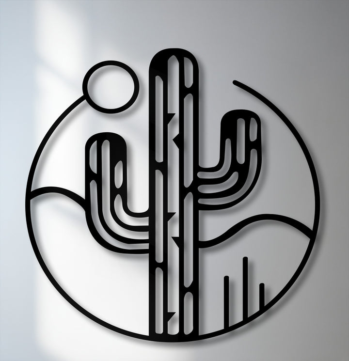 The striking, bold black outline of a minimalist desert saguaro cactus design forms a captivating piece of metal art for wall decor.