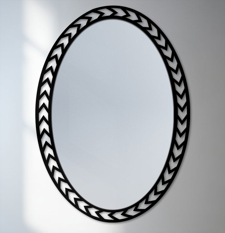 The central subject is a geometric chevron edge oval floor decorative mirror, reflecting light and adding a modern touch to any room.