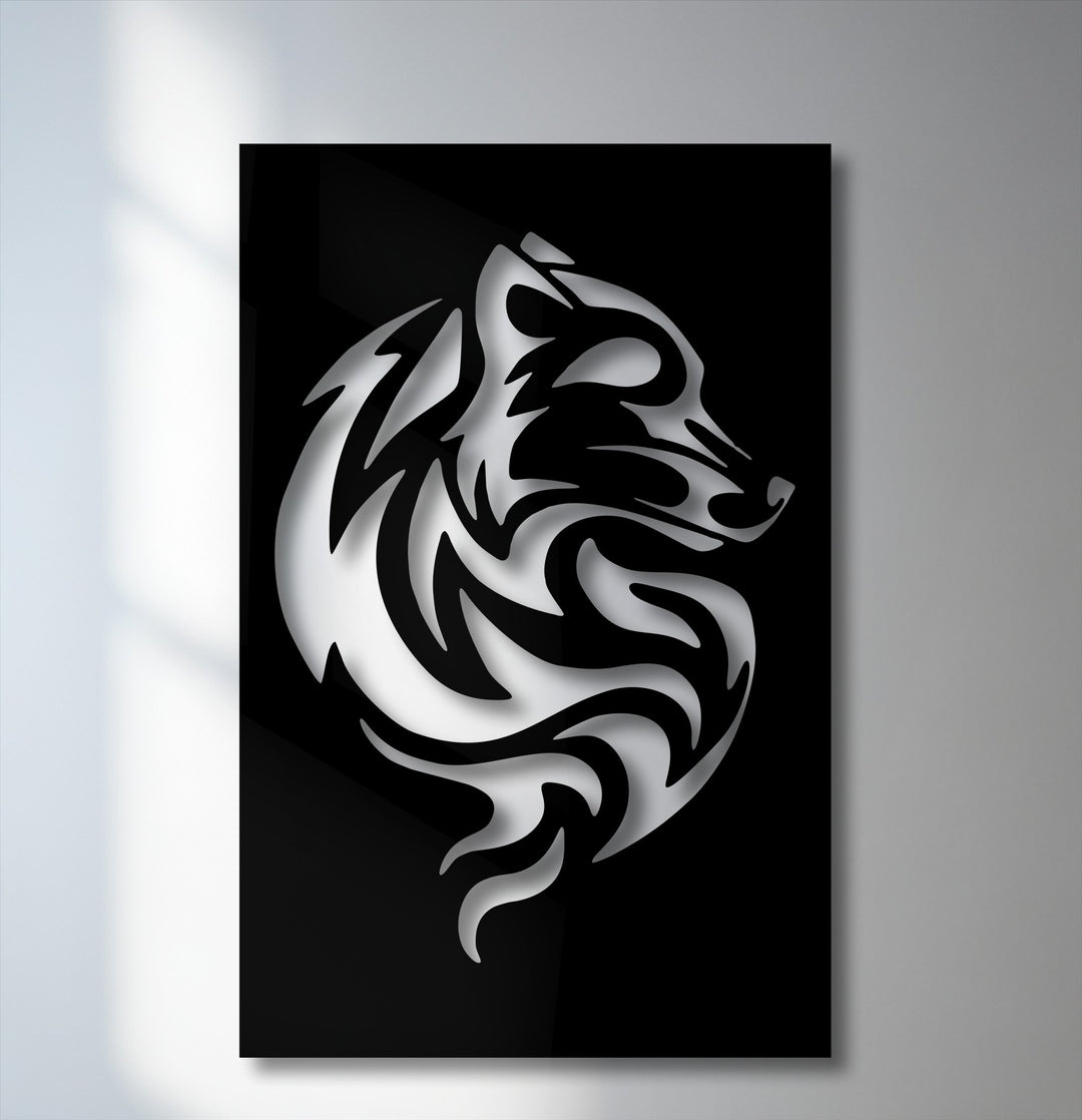 The realistic detail of this captivating tribal wolf metal artwork highlights the shiny, contoured swirls creating a dimensional abstract animal design.