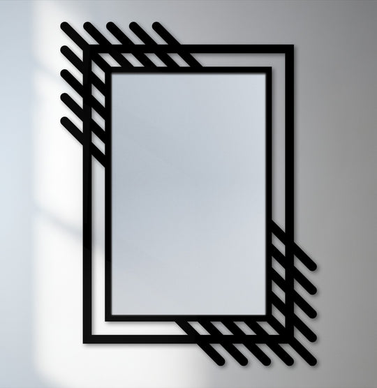 Brightest area highlights the contemporary geometric accent design of this abstract linear frame metal wall mirror, adding decorative metal art to any room.
