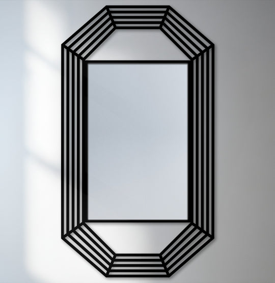 Cool color temperature highlights the modern mirror's octagonal metal frame, casting a sleek, contemporary ambiance with its black geometric design.