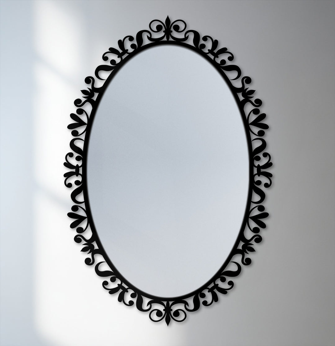 Highlighting the layering effect, this ornate oval mirror features stained glass wall mirror elements that create depth with the dark floral metal scrollwork frame.