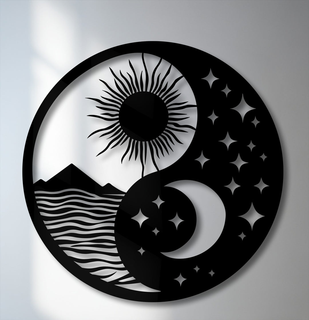 Dominated by monochromatic black and white, this Celestial Balance Yin Yang Metal Wall Art depicts a sun, moon, and landscape as beautiful decoration wall art.