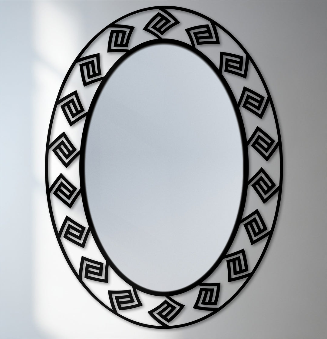 Framed with a striking Greek key pattern, the modern oval floor mirror's edge and borders offer a sophisticated touch for decorating with wall mirrors.