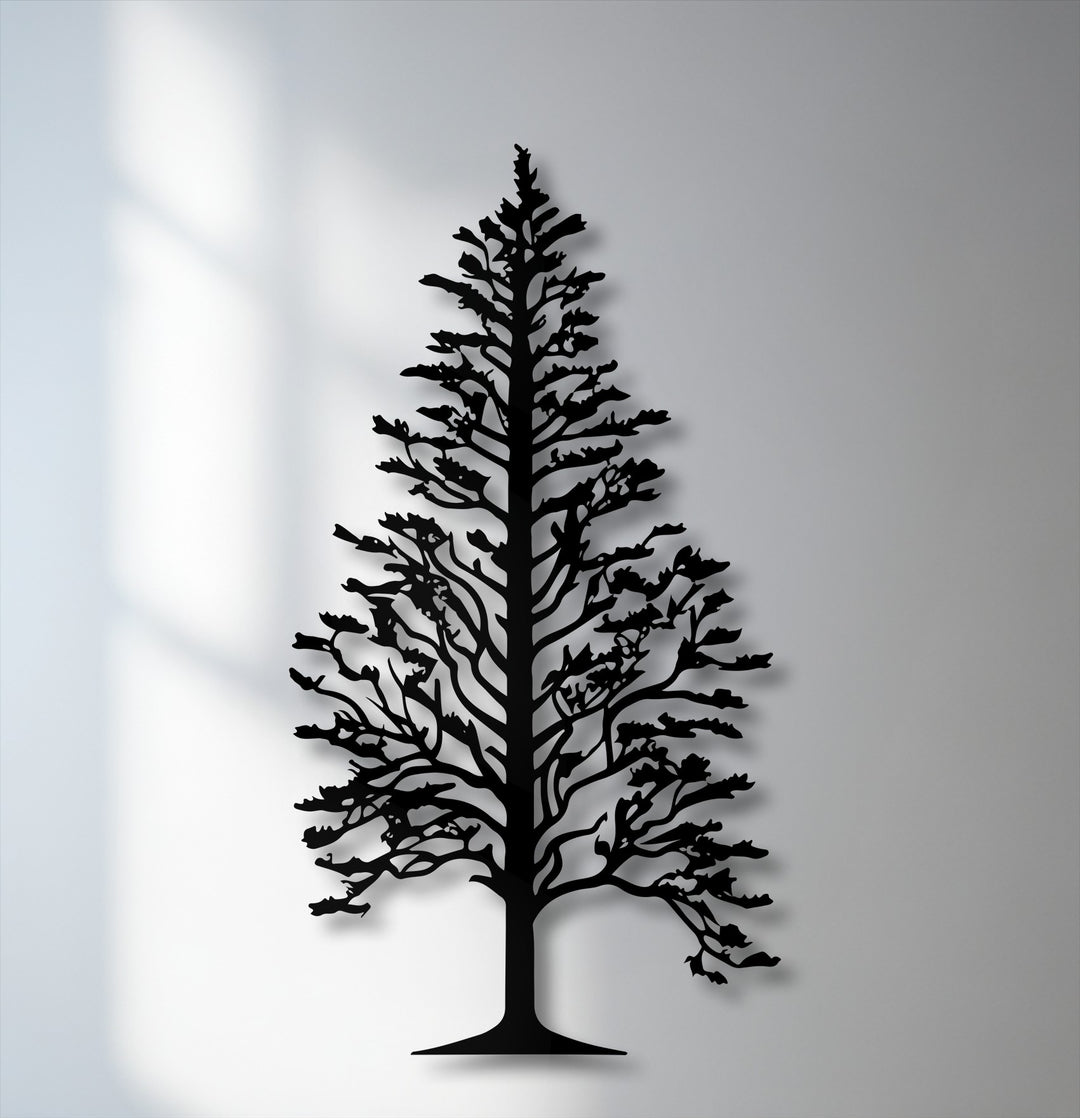 The highly saturated black of this majestic pine tree silhouette metal artwork stands in sharp contrast against the lightly desaturated background.