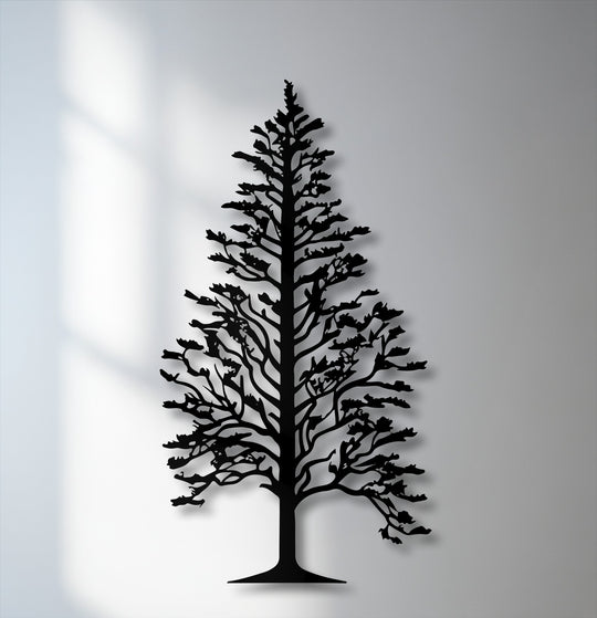 The highly saturated black of this majestic pine tree silhouette metal artwork stands in sharp contrast against the lightly desaturated background.