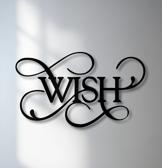 The delicate script of the Wish metal art for wall casts subtle shadows, highlighting its elegant typography and graceful flourishes.