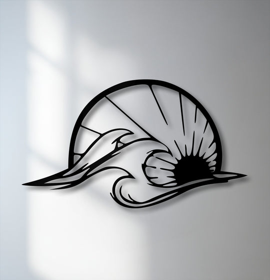 Graceful organic forms of a dolphin and an ocean wave silhouette compose striking coastal metal art for wall decor.