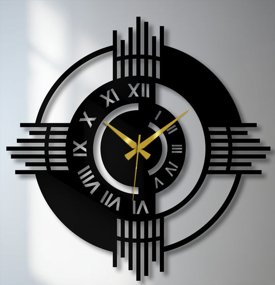 Showcasing the organic forms of this modern metal wall clock, the geometric decorative wall art presents an elegantly bold display with contrasting black and gold tones.
