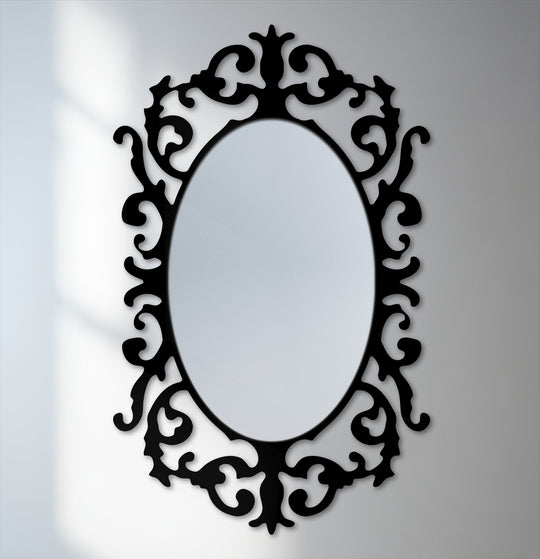 Geometric decorative elements form a Victorian curved frame in this oval floor mirror, offering modern wall mirrors within an elegant design.