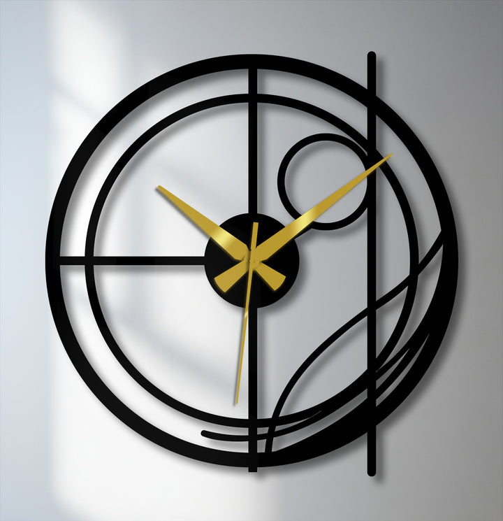 Subtle shadows grace the background behind this abstract circular line modern metal art for wall clock, creating a gentle contrast on the light-toned surface.