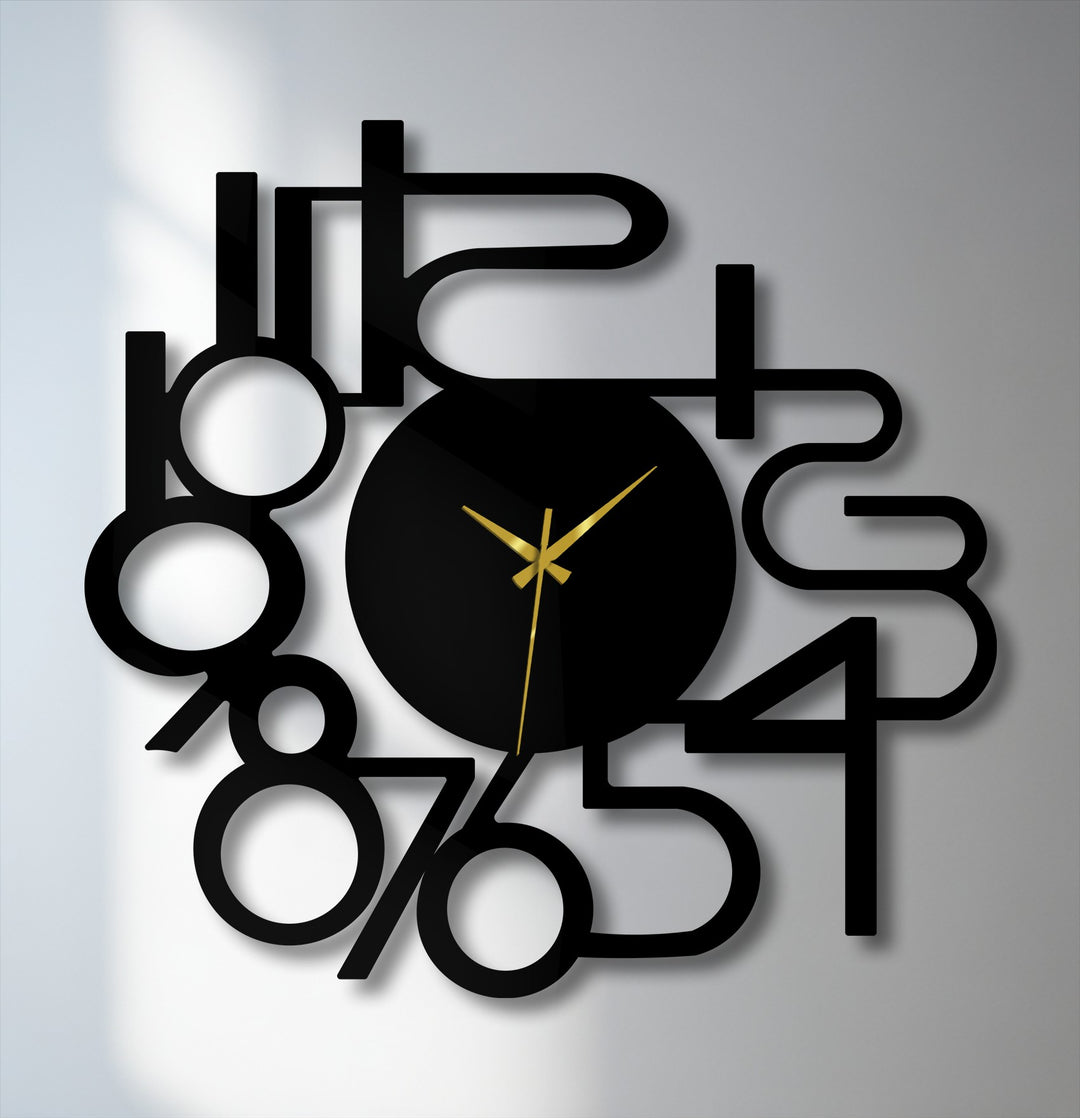 The sleek, matte black surface texture of this modern abstract numbers metal artwork wall clock creates crisp shadows.