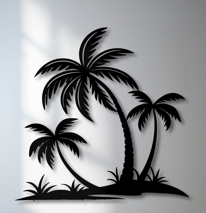 With realistic detail, this decorative metal art beautifully highlights the distinct fronds and trunks of three tropical palm trees.
