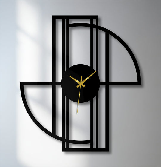 Foreground shows a decorative metal art clock featuring a modern minimalist geometric frame with curved lines and gold hands.