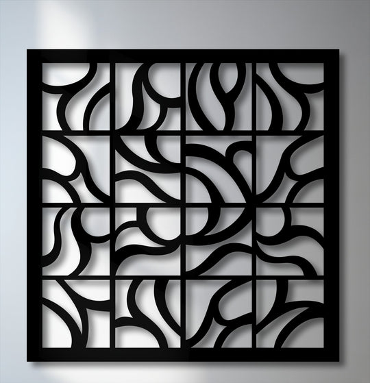 The cool color temperature highlights the stark contrast of this unique metal wall art with its geometric flow grid design.