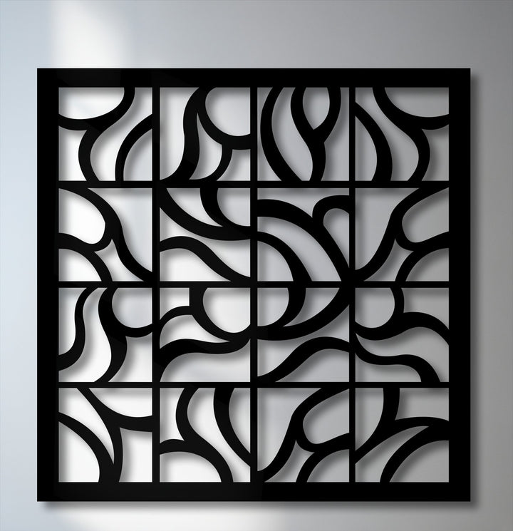 The cool color temperature highlights the stark contrast of this unique metal wall art with its geometric flow grid design.