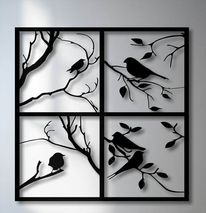 This decorative metal art creates a peaceful and calm mood with its four-panel bird silhouette and nature window frame design.