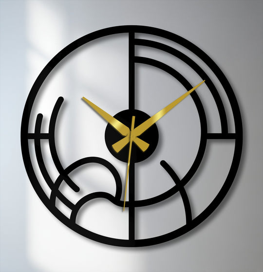 Subtle light play highlights the unique metal wall art of this abstract geometric clock, casting strong shadows that accentuate its minimalist design.
