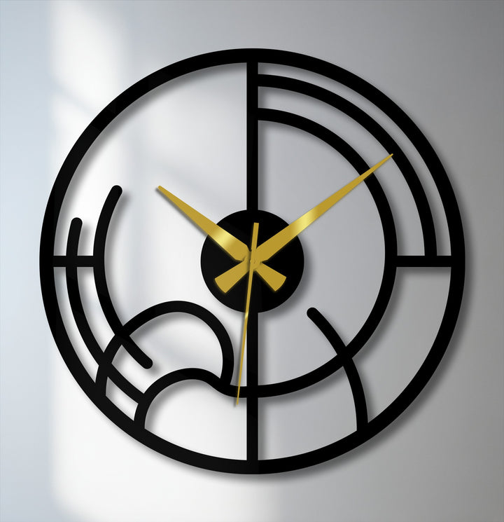 Subtle light play highlights the unique metal wall art of this abstract geometric clock, casting strong shadows that accentuate its minimalist design.