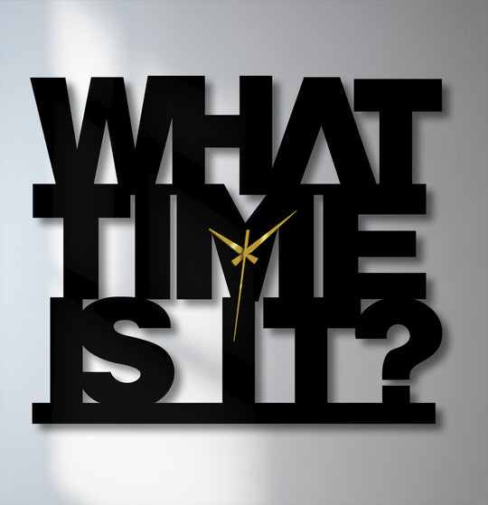 Highlighting the focal point, a black metal 'What Time Is It' clock showcases a bold text design, functioning as unique metal wall art with gold clock hands.